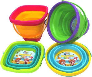 Gosu Toys Foldable Sand Bucket Expandable Sand Pail Square and Circle for Beach Multi Purpose for Kids Collapsible Silicone Bucket 4 Pack - 2 Square and 2 Circle