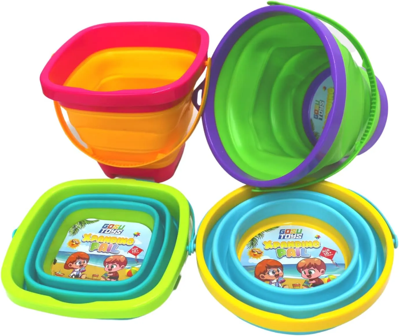 Gosu Toys Foldable Sand Bucket Expandable Sand Pail Square and Circle for Beach Multi Purpose for Kids Collapsible Silicone Bucket 4 Pack - 2 Square and 2 Circle