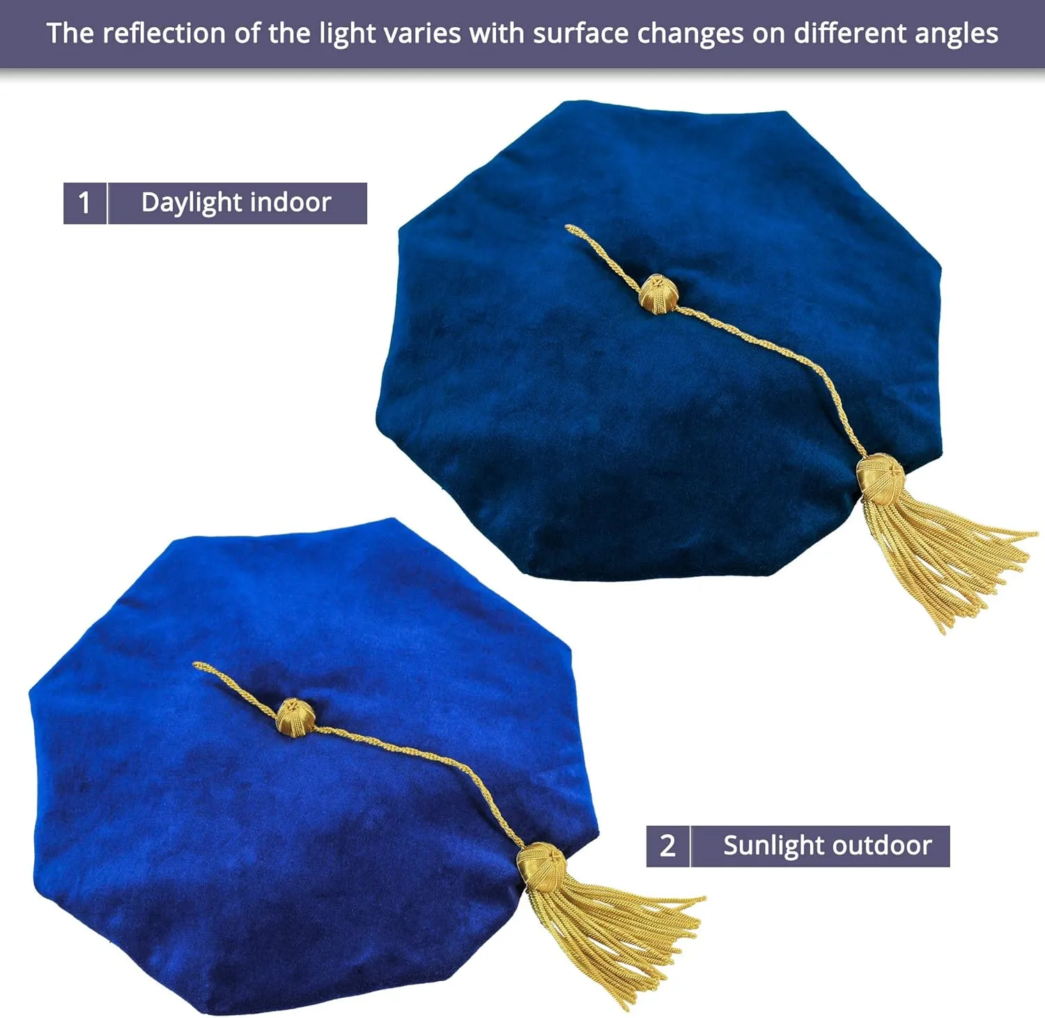 GraduatePro Doctoral Graduation Tam PhD Blue/Black Velvet with Gold Bullion Tassel, 8-Sided/6 Sided/4 Sided Doctorate Cap