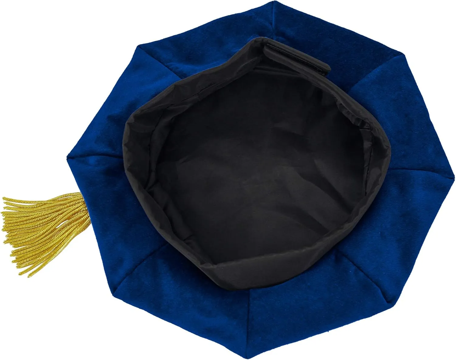 GraduatePro Doctoral Graduation Tam PhD Blue/Black Velvet with Gold Bullion Tassel, 8-Sided/6 Sided/4 Sided Doctorate Cap
