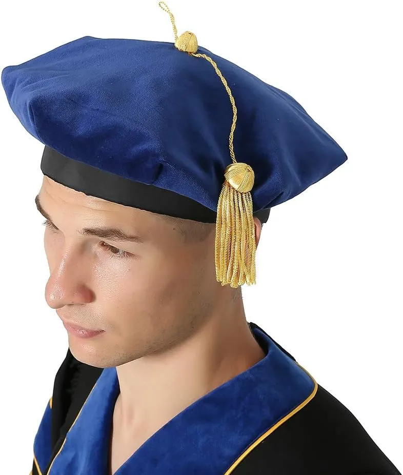 GraduatePro Doctoral Graduation Tam PhD Blue/Black Velvet with Gold Bullion Tassel, 8-Sided/6 Sided/4 Sided Doctorate Cap
