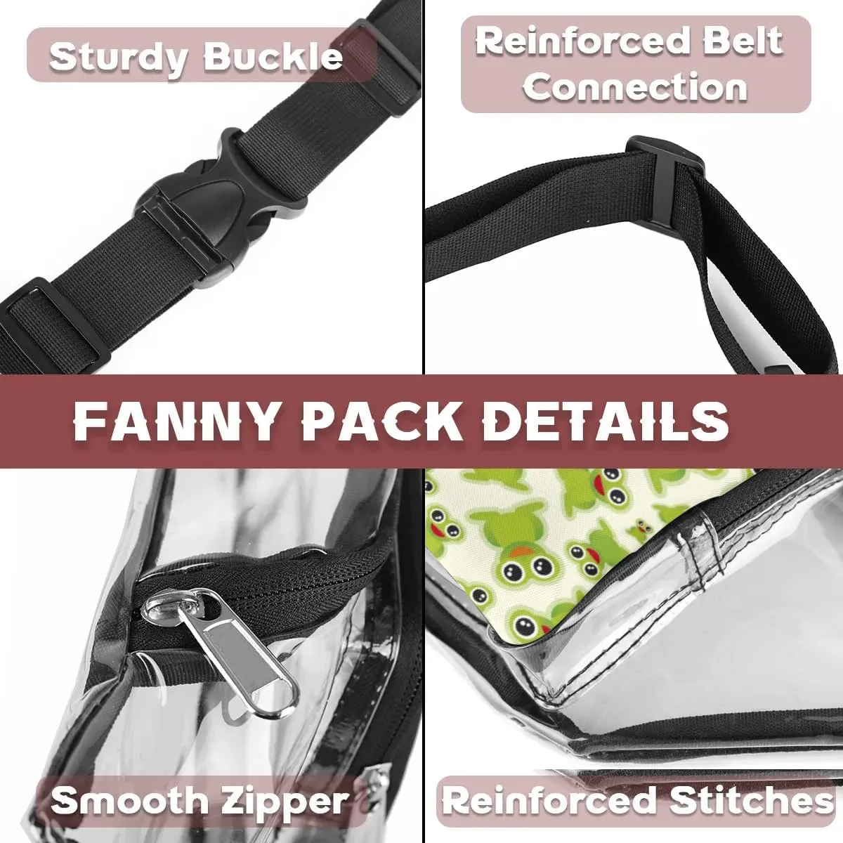 Green Frog Pattern Clear Fanny Pack Stadium Approved Clear Crossbody Belt Bag for Women Men Transparent Waist Bag with Adjustable Strap for Concerts Sports Events Travel