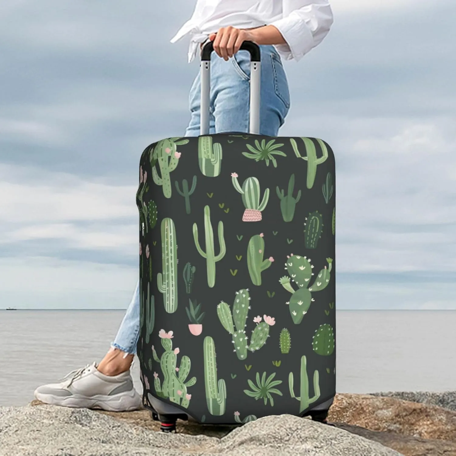 Green Plant Cactus Luggage Cover Washable Elastic Suitcase Cover Anti-Scratch Travel Luggage Protector Covers for Kids Adult XL fits 29-32 inch Suitcase
