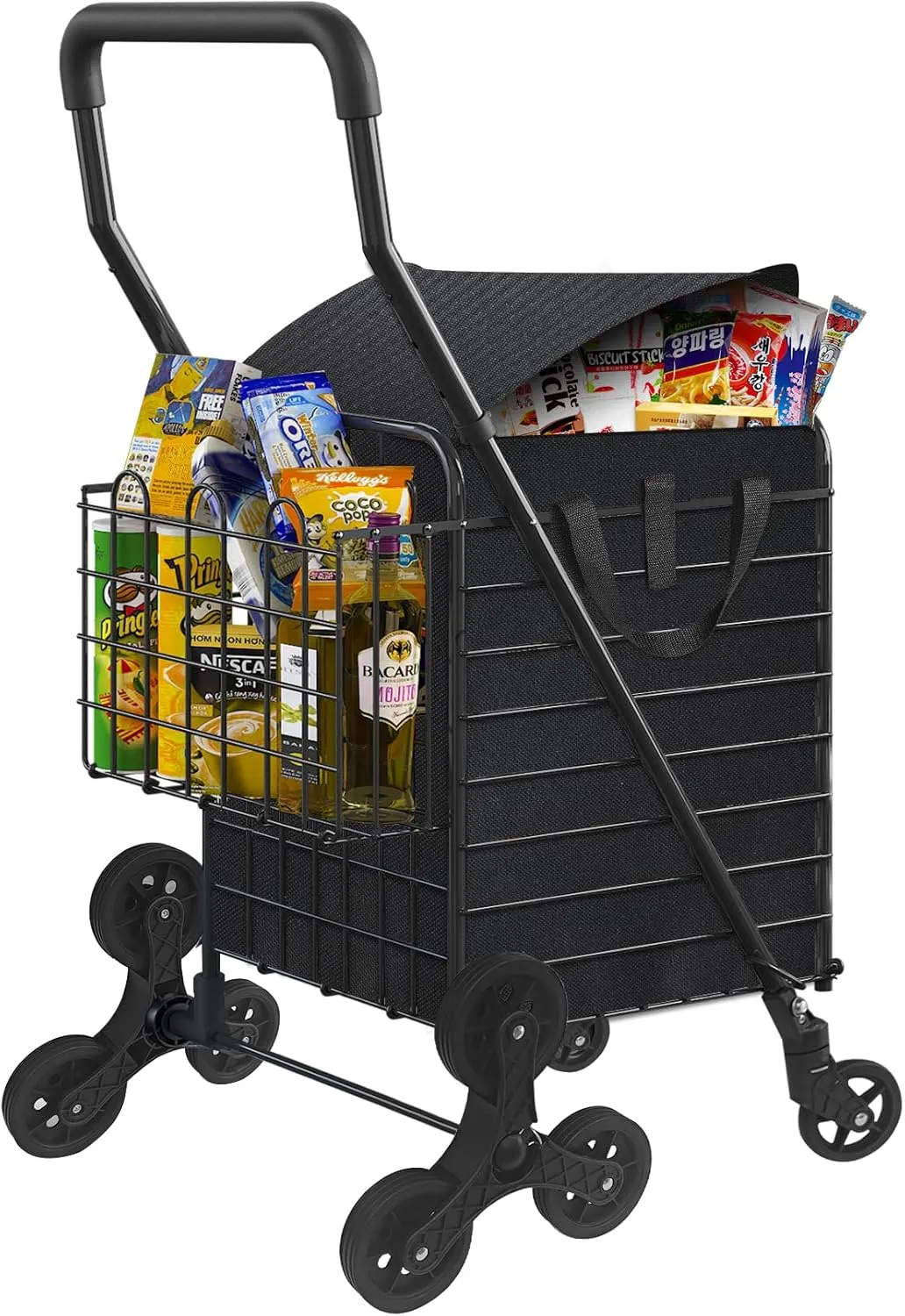 Grocery Shopping Cart with 360° Rolling Swivel Wheels Stair Climber Utility Cart Easily Collapsible Cart with Tri-Wheels, 66lb Extended Foam Cover, Trolley for Stair, Laundry, Travel (Black-)