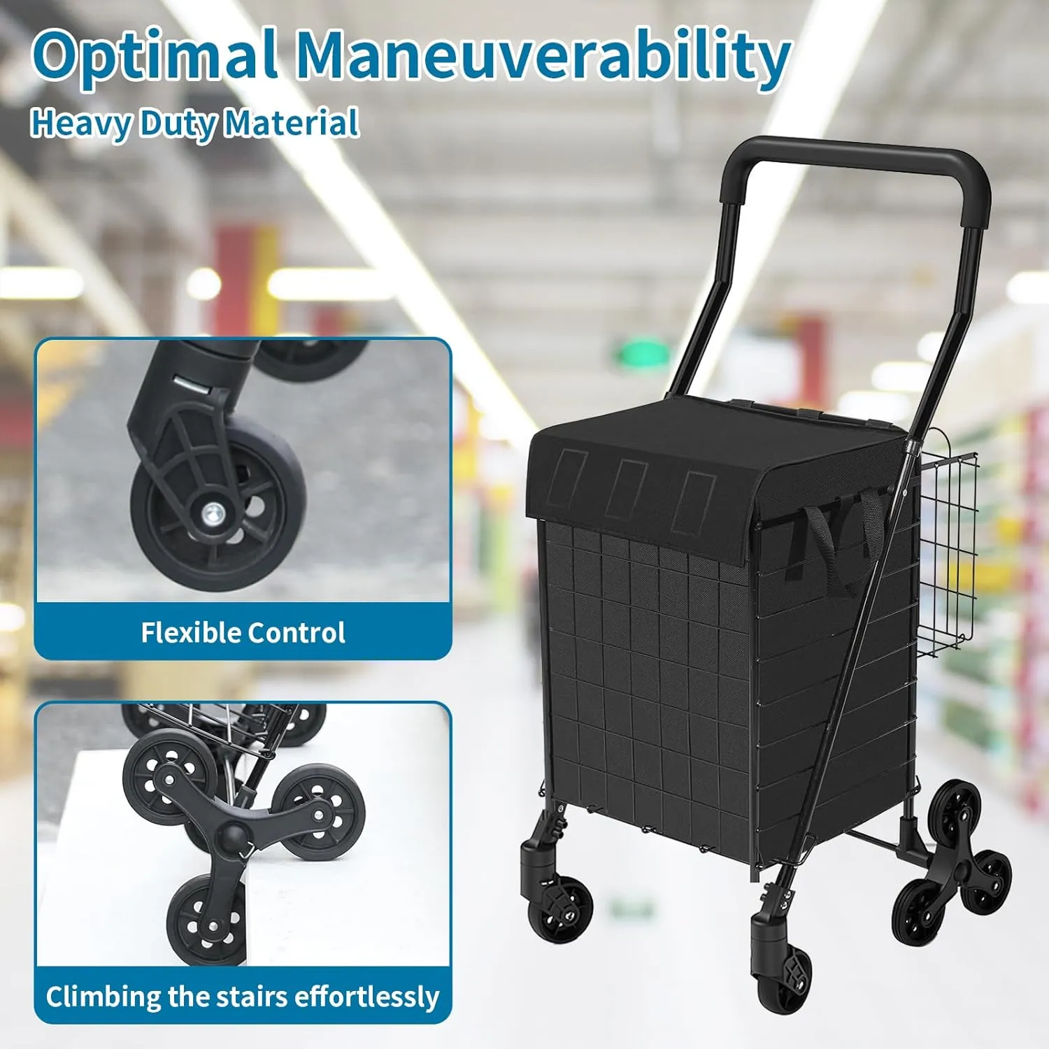 Grocery Shopping Cart with 360° Rolling Swivel Wheels Stair Climber Utility Cart Easily Collapsible Cart with Tri-Wheels, 66lb Extended Foam Cover, Trolley for Stair, Laundry, Travel (Black-)