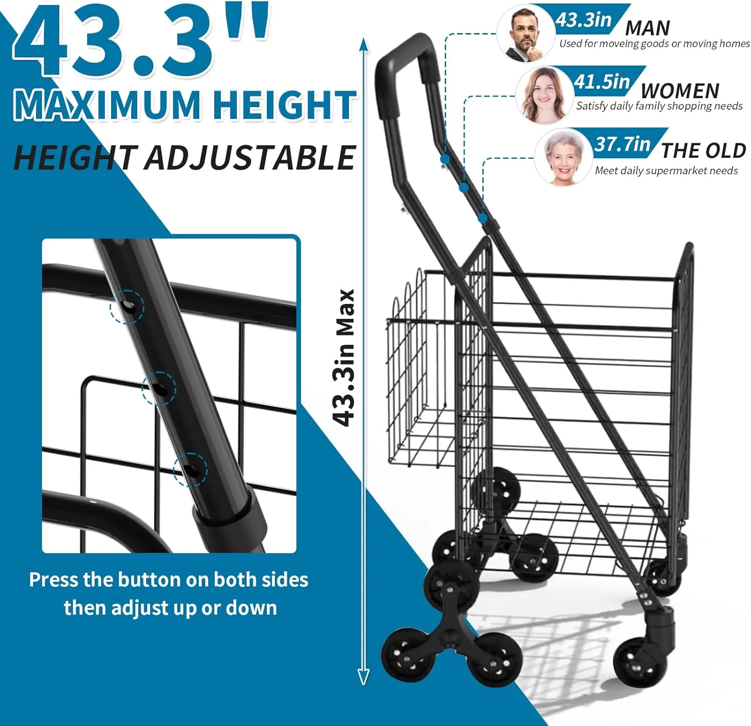 Grocery Shopping Cart with 360° Rolling Swivel Wheels Stair Climber Utility Cart Easily Collapsible Cart with Tri-Wheels, 66lb Extended Foam Cover, Trolley for Stair, Laundry, Travel (Black-)