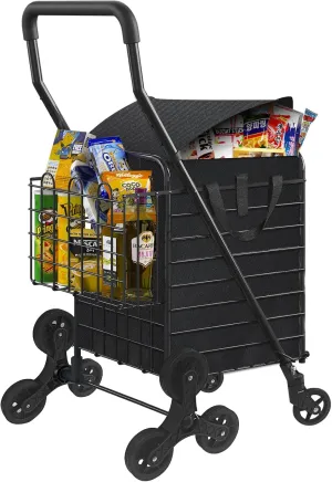 Grocery Shopping Cart with 360° Rolling Swivel Wheels Stair Climber Utility Cart Easily Collapsible Cart with Tri-Wheels, 66lb Extended Foam Cover, Trolley for Stair, Laundry, Travel (Black-)