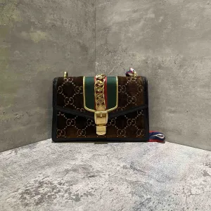 Gucci Sylvie Brown Velvet Monogram Shoulder Bag Medium