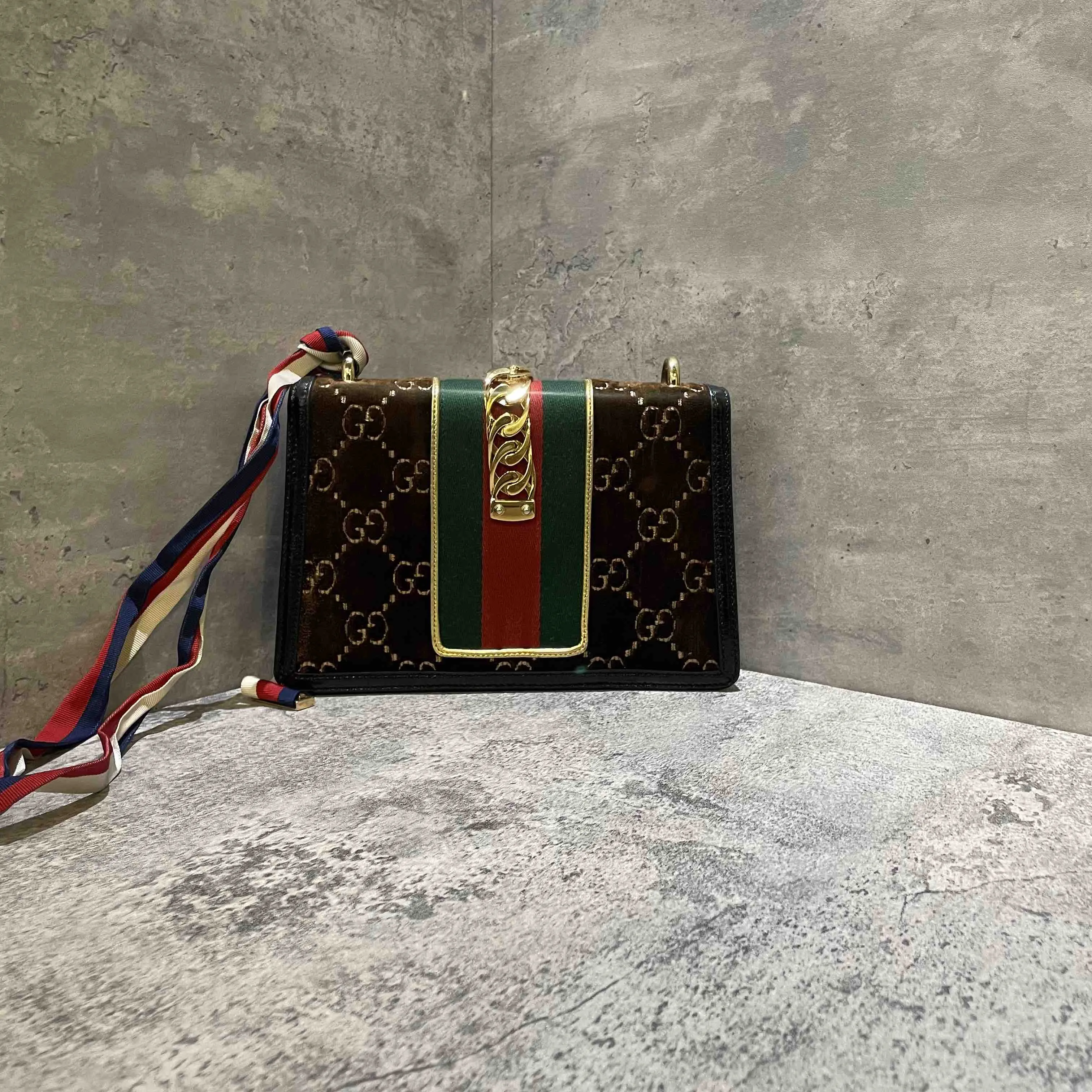 Gucci Sylvie Brown Velvet Monogram Shoulder Bag Medium