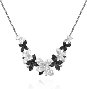 GUESS Silvertone Black Crystal Stone Floral Statement Necklace