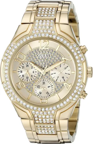 GUESS Women's Gold-Tone Stainless Steel Crystal Embellished Bracelet Watch with Day, Date   24 Hour Military/Int'l Time. Color: Gold-Tone (Model: U0628L2)