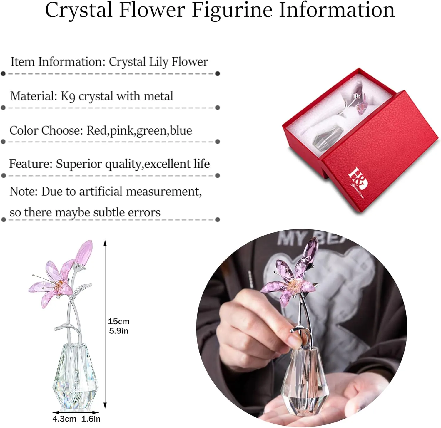 H&D HYALINE & DORA Crystal Calla Lily Flower Figurine Collectible Wedding Bouquets with Crystal Vase for Home Wedding Party Decor, Pink Flower with Sliver Metal Stem