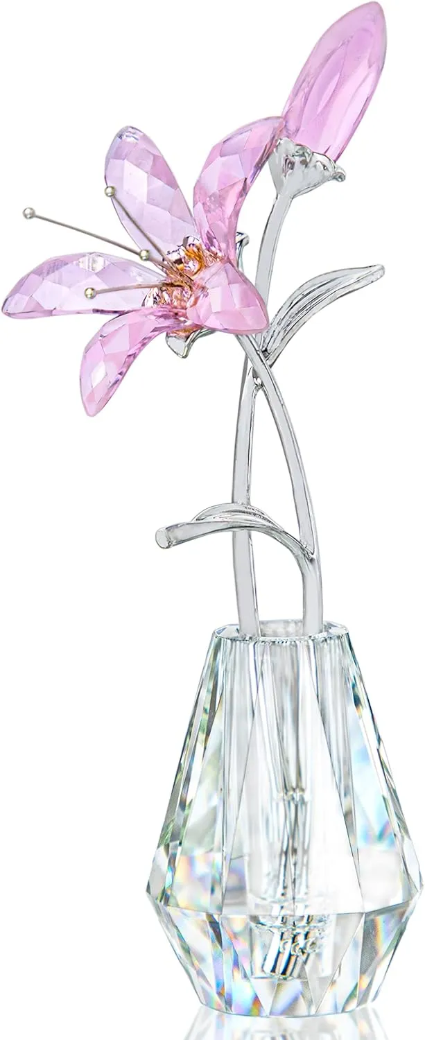 H&D HYALINE & DORA Crystal Calla Lily Flower Figurine Collectible Wedding Bouquets with Crystal Vase for Home Wedding Party Decor, Pink Flower with Sliver Metal Stem