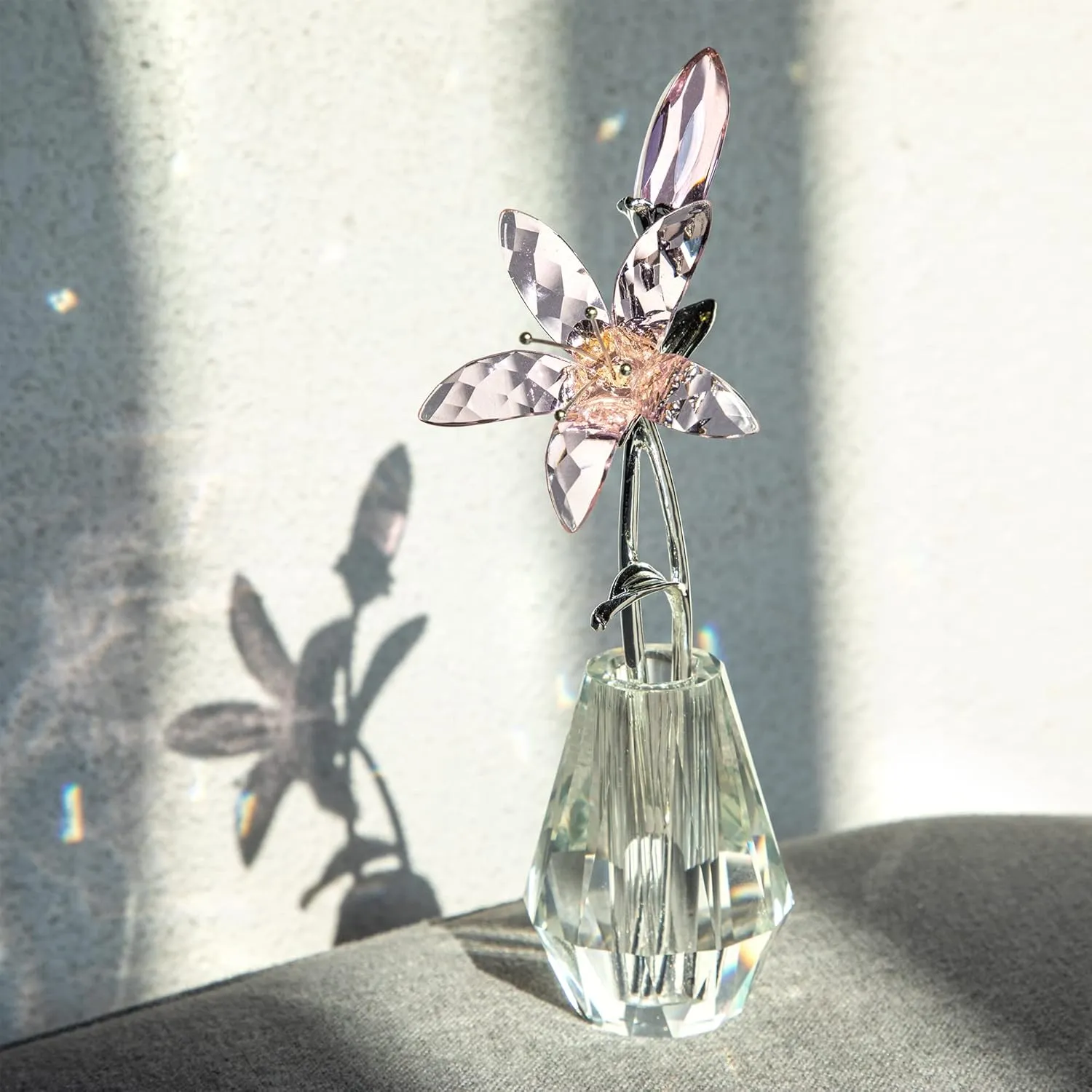 H&D HYALINE & DORA Crystal Calla Lily Flower Figurine Collectible Wedding Bouquets with Crystal Vase for Home Wedding Party Decor, Pink Flower with Sliver Metal Stem