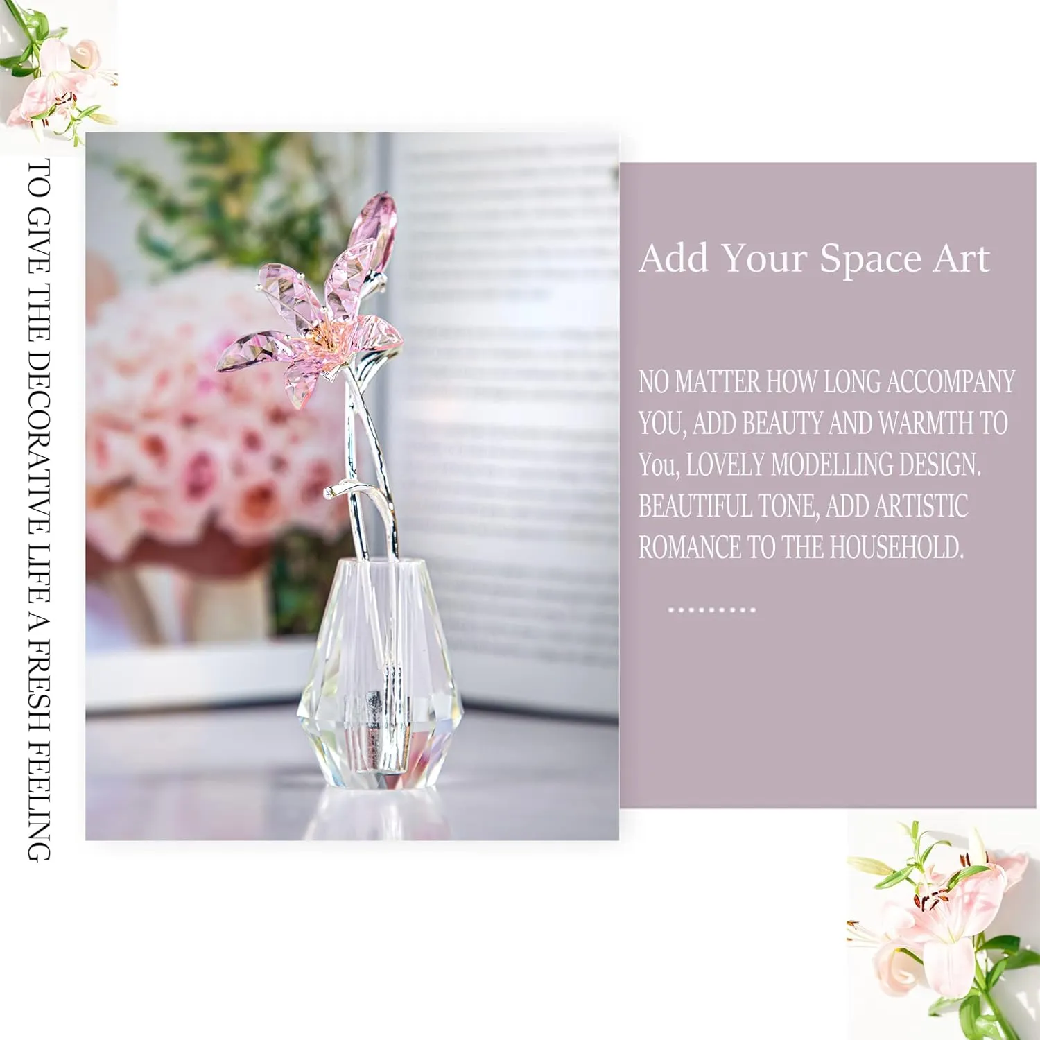 H&D HYALINE & DORA Crystal Calla Lily Flower Figurine Collectible Wedding Bouquets with Crystal Vase for Home Wedding Party Decor, Pink Flower with Sliver Metal Stem