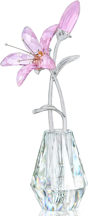H&D HYALINE & DORA Crystal Calla Lily Flower Figurine Collectible Wedding Bouquets with Crystal Vase for Home Wedding Party Decor, Pink Flower with Sliver Metal Stem