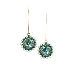 Handmade Long Turquoise Swarovski Crystal and pearl Beaded Dangle Earrings