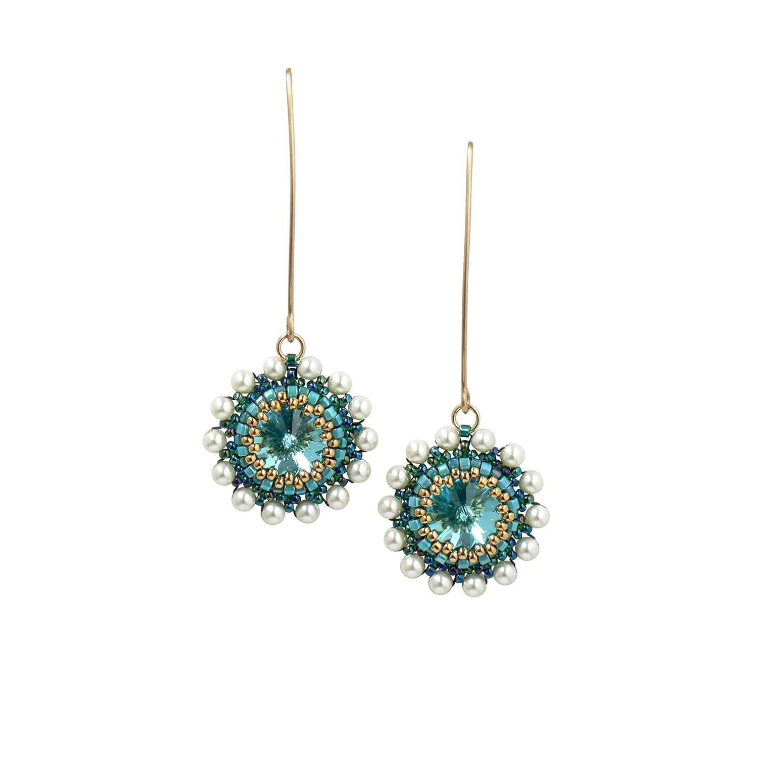 Handmade Long Turquoise Swarovski Crystal and pearl Beaded Dangle Earrings