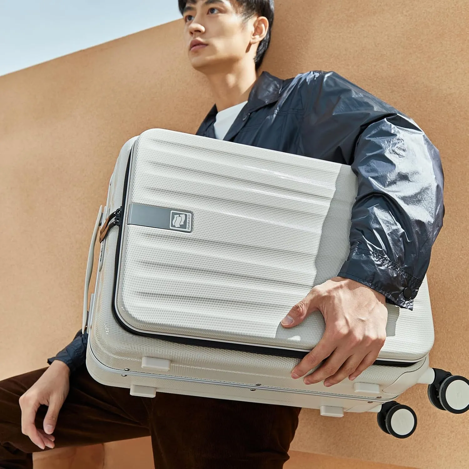 Hanke 24 Inch Checked Luggage PC Hard Case Luggage Top Opening Aluminum Frame Travel Luggage Suitcases with Wheels for Woman Men.(Ivory white)