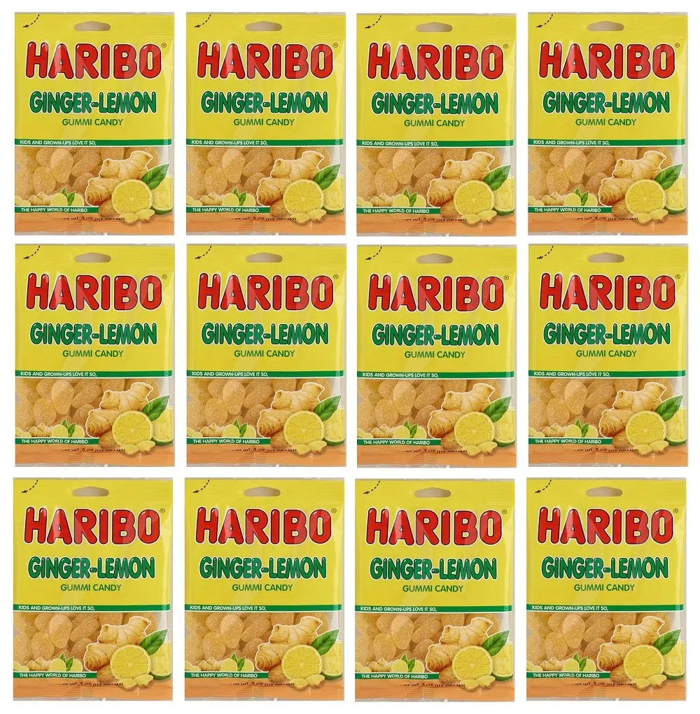 Haribo Twin Ginger Lemon Gummy Candy: 12 Bags of 4 Oz
