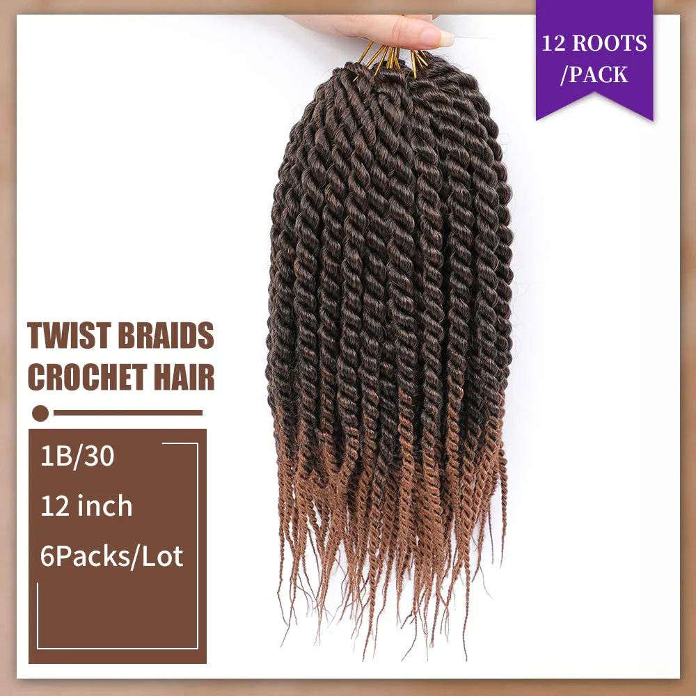 Havana Twist Crochet Hair 6 Packs 12 inch Crochet Braids Senegalese Twist Crochet Braiding Hair (T1B/30)