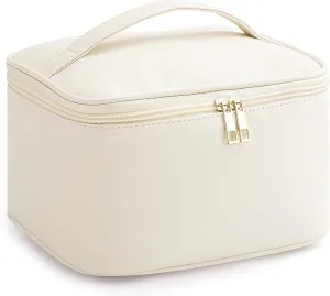 HBlife Travel Makeup Bag Portable Cute Leather Cosmetic Bag Large Make Up Bag Makeup Case Organizer Toiletry Bag for Women Girls with Handle and Removable Divider (Beige)