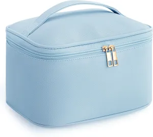 HBlife Travel Makeup Bag Portable Cute Leather Cosmetic Bag Large Make Up Bag Makeup Case Organizer Toiletry Bag for Women Girls with Handle and Removable Divider (Cyan Blue)
