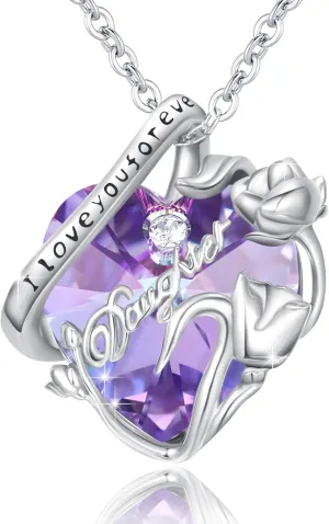 Heart Crystal Necklace from Dad Mom Grandmother 925 Sterling Silver Rose Flower Forever Love Heart Pendant Necklace Embellished with Crystals from Austria Crystal Jewelry Gifts