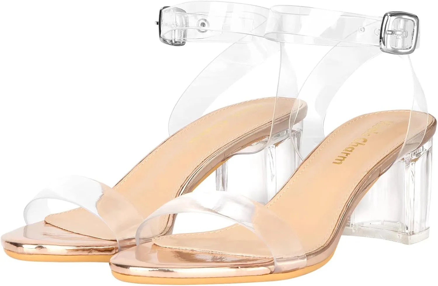Heels Charm Women's Strappy Clear Chunky Clear Block Low Heeled Sandals 2 Inches Open Toe Ankle Strap High Heel Dress Sandals Daily Work Party Sandal Shoes