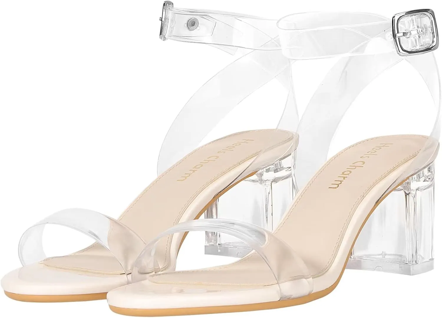 Heels Charm Women's Strappy Clear Chunky Clear Block Low Heeled Sandals 2 Inches Open Toe Ankle Strap High Heel Dress Sandals Daily Work Party Sandal Shoes