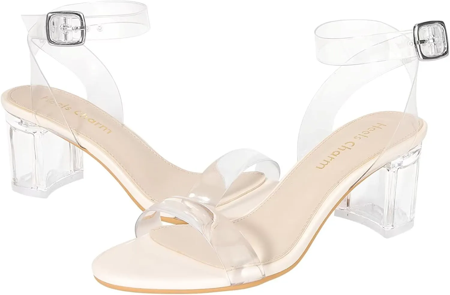 Heels Charm Women's Strappy Clear Chunky Clear Block Low Heeled Sandals 2 Inches Open Toe Ankle Strap High Heel Dress Sandals Daily Work Party Sandal Shoes
