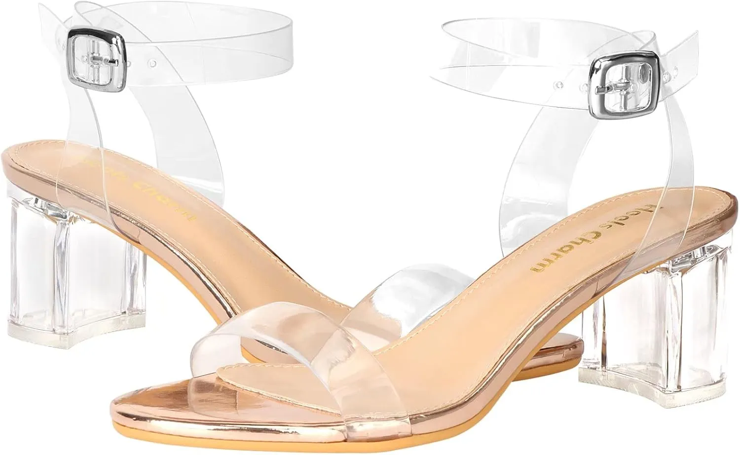 Heels Charm Women's Strappy Clear Chunky Clear Block Low Heeled Sandals 2 Inches Open Toe Ankle Strap High Heel Dress Sandals Daily Work Party Sandal Shoes