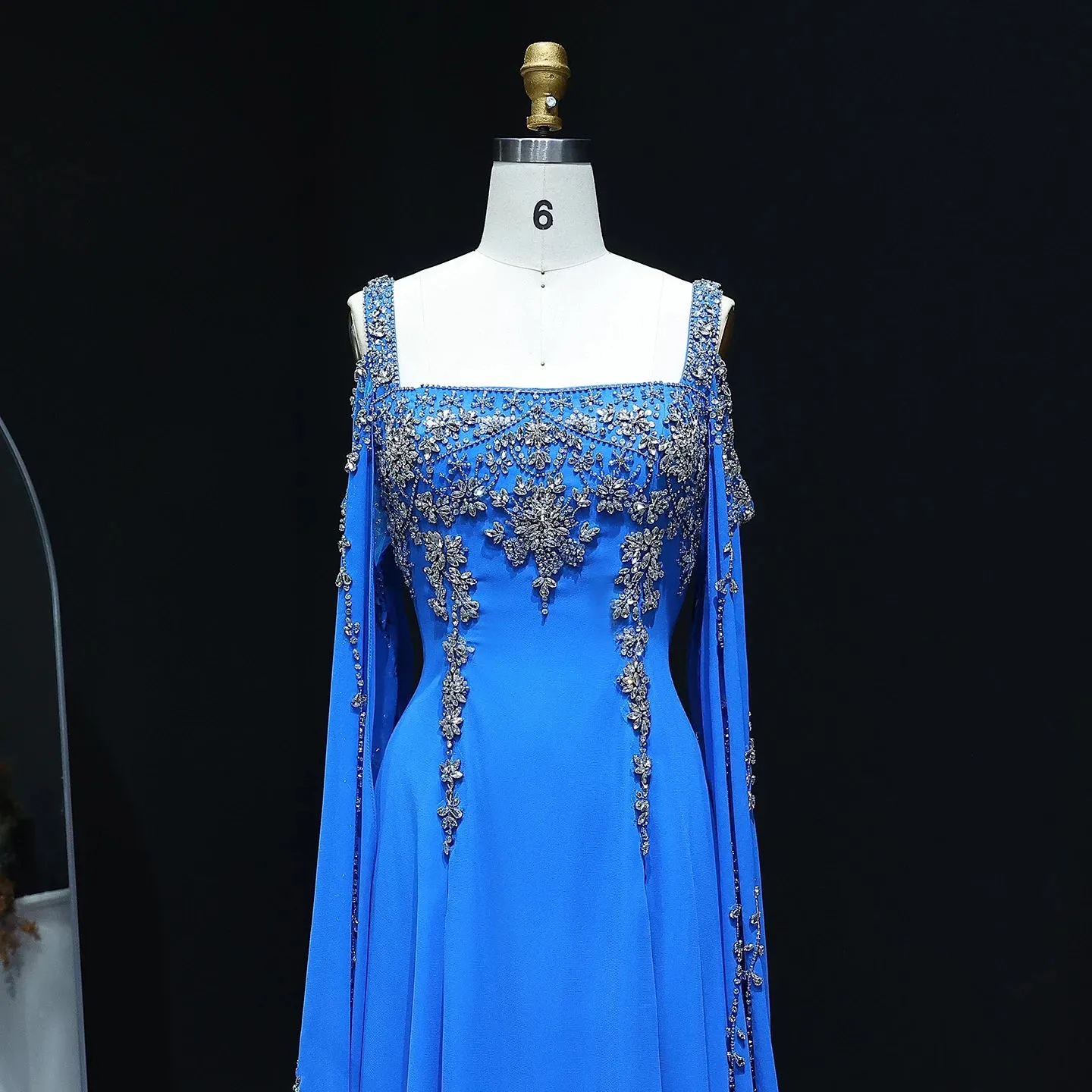 HELEN Luxury Crystal Evening Gown with Flowing Cape Sleeve
