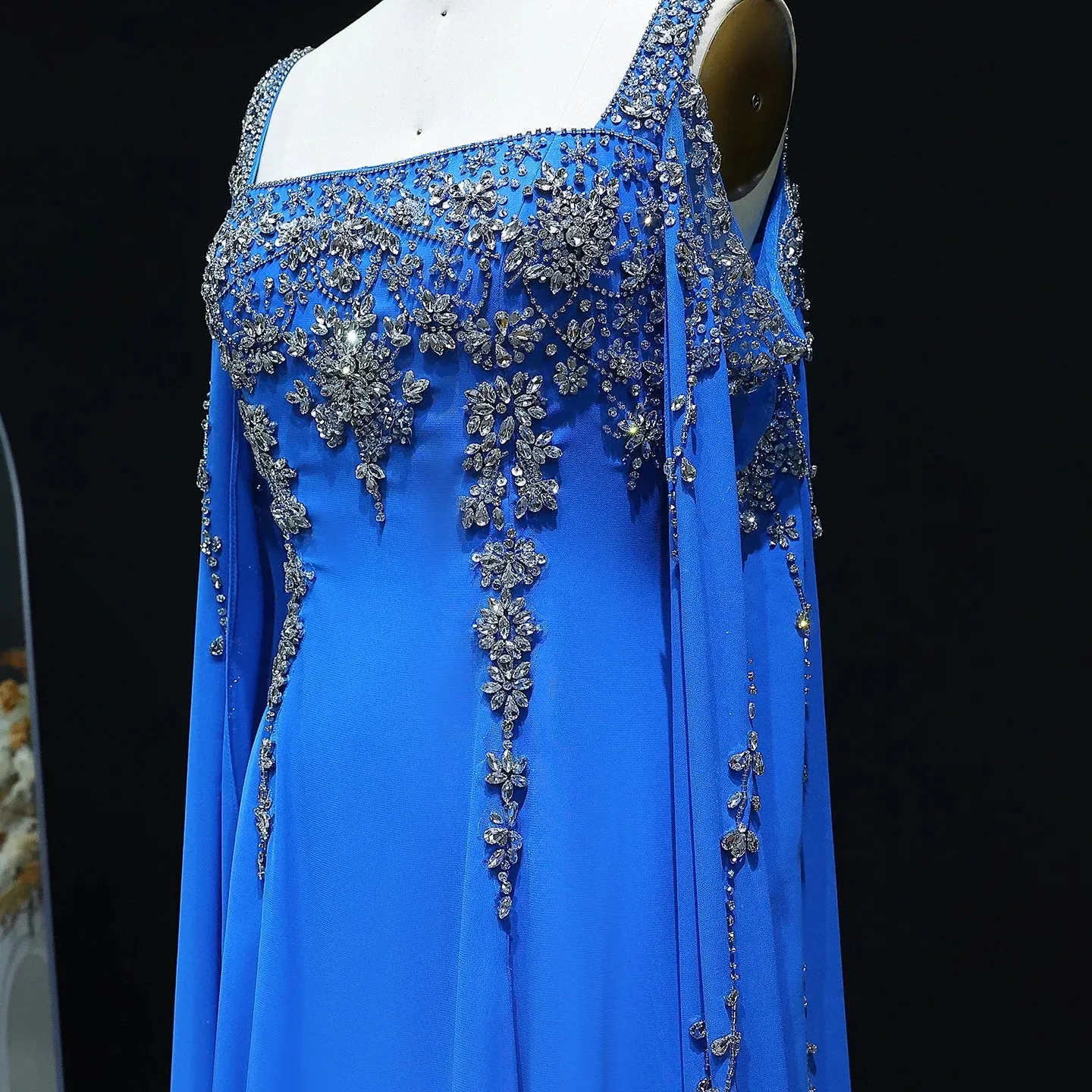 HELEN Luxury Crystal Evening Gown with Flowing Cape Sleeve