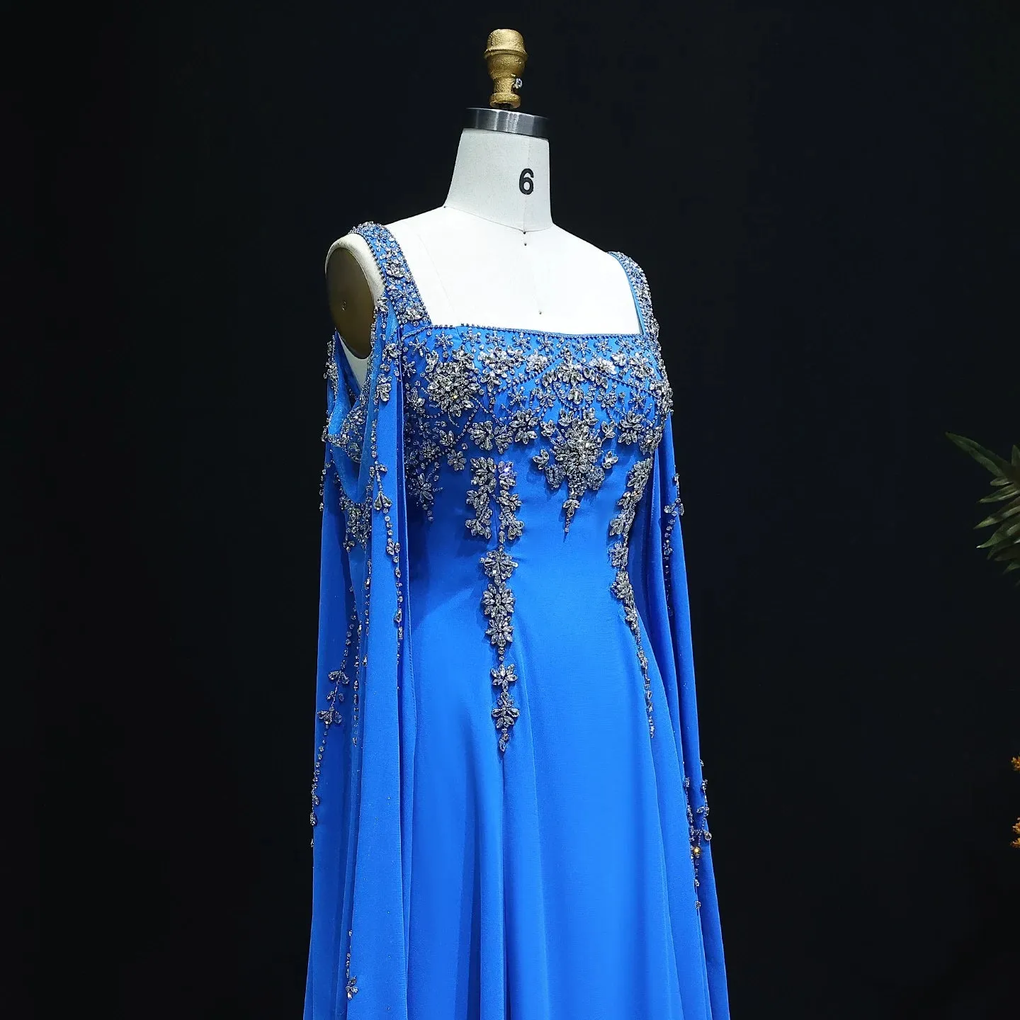 HELEN Luxury Crystal Evening Gown with Flowing Cape Sleeve