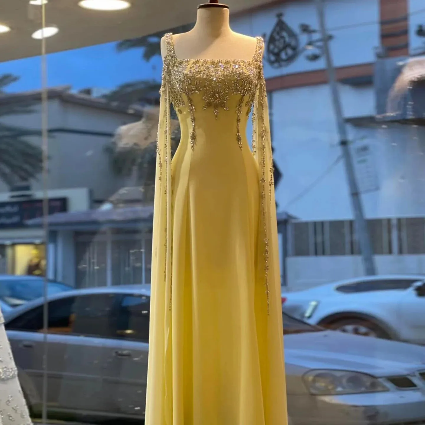 HELEN Luxury Crystal Evening Gown with Flowing Cape Sleeve