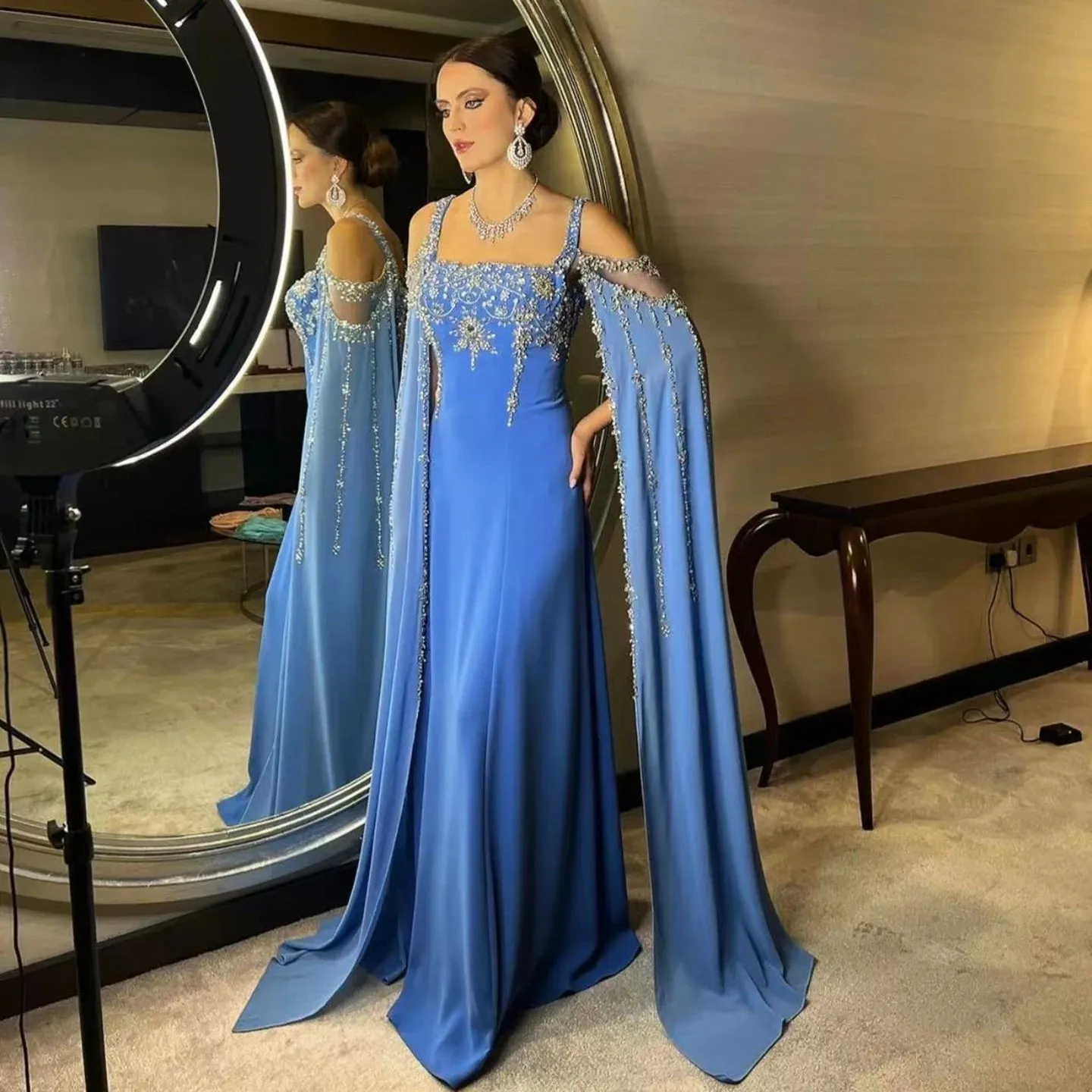 HELEN Luxury Crystal Evening Gown with Flowing Cape Sleeve