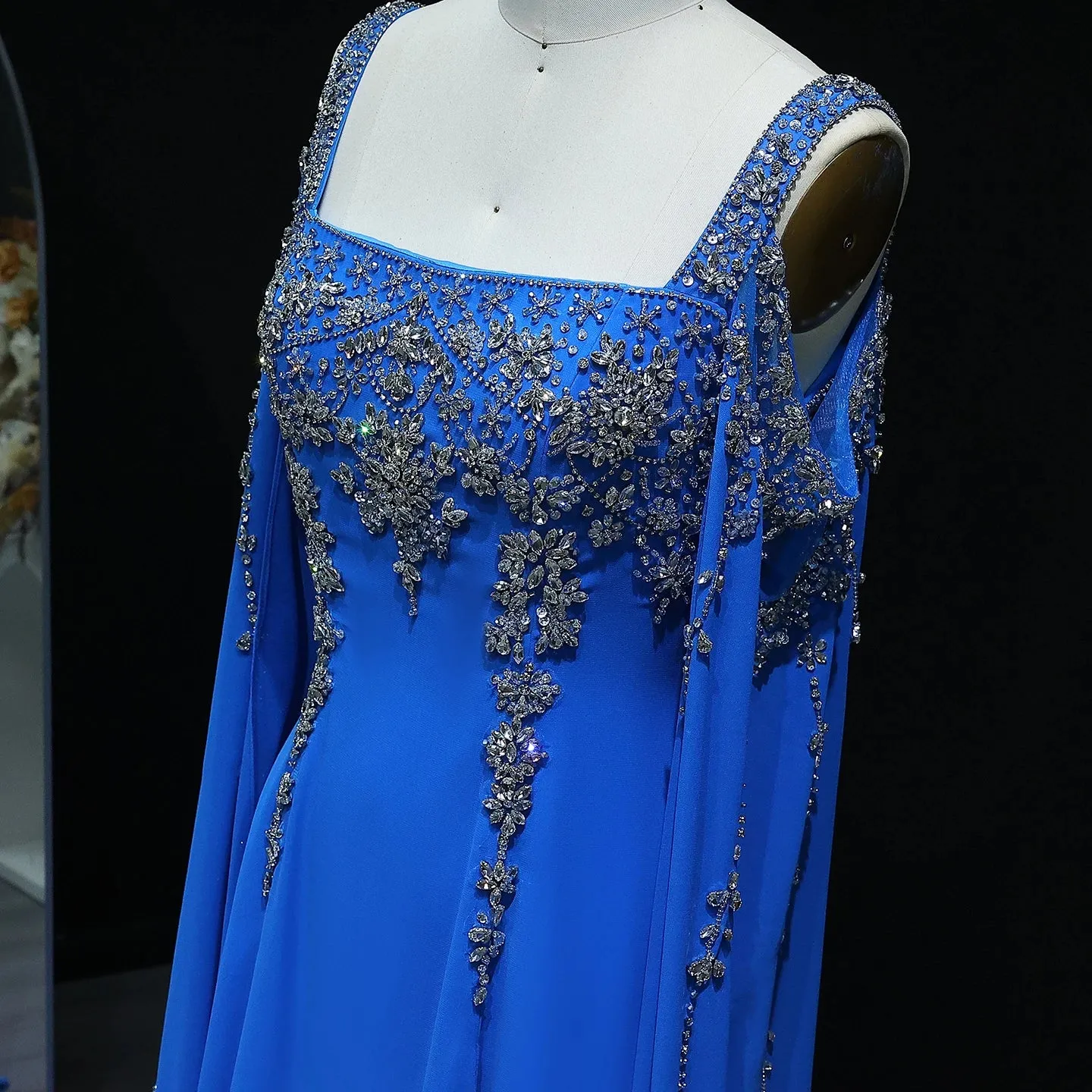 HELEN Luxury Crystal Evening Gown with Flowing Cape Sleeve