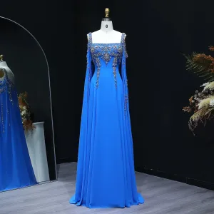HELEN Luxury Crystal Evening Gown with Flowing Cape Sleeve