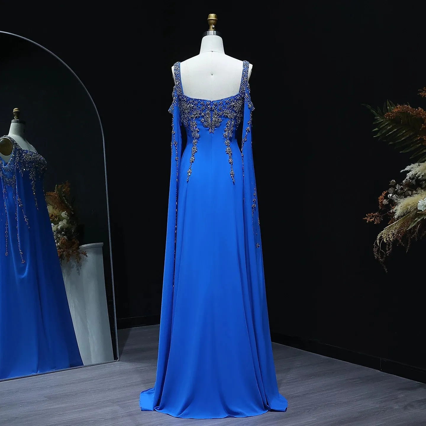 HELEN Luxury Crystal Evening Gown with Flowing Cape Sleeve