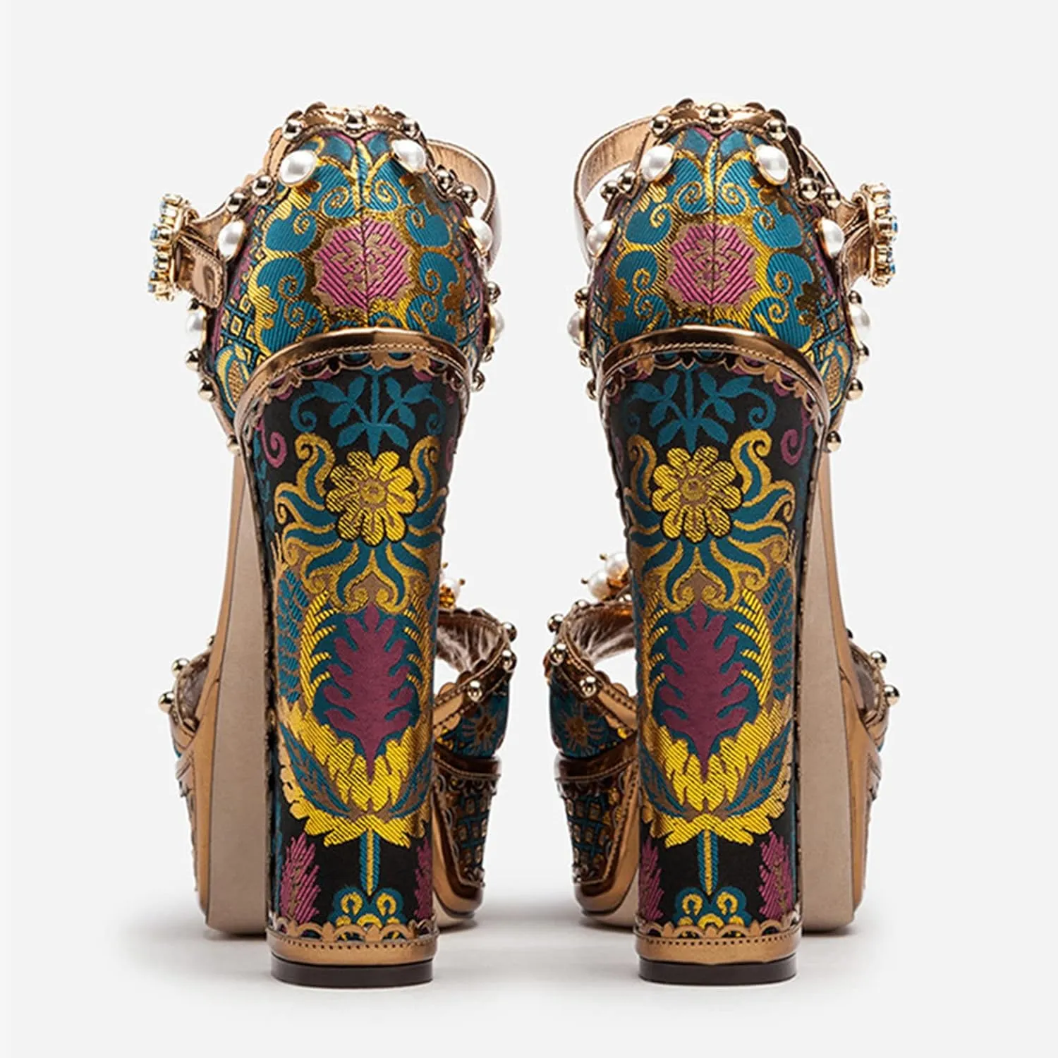 High Heel Platform Sandals Pearl Flower Shoes Women Crystal Embellished Ankle Strap Covered Shoes