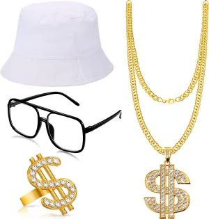 Hip Hop Costume Kit 80s 90s Rapper Accessories Outfit for Men Women Sunglass Hat Chain Ring Halloween Party Decoration