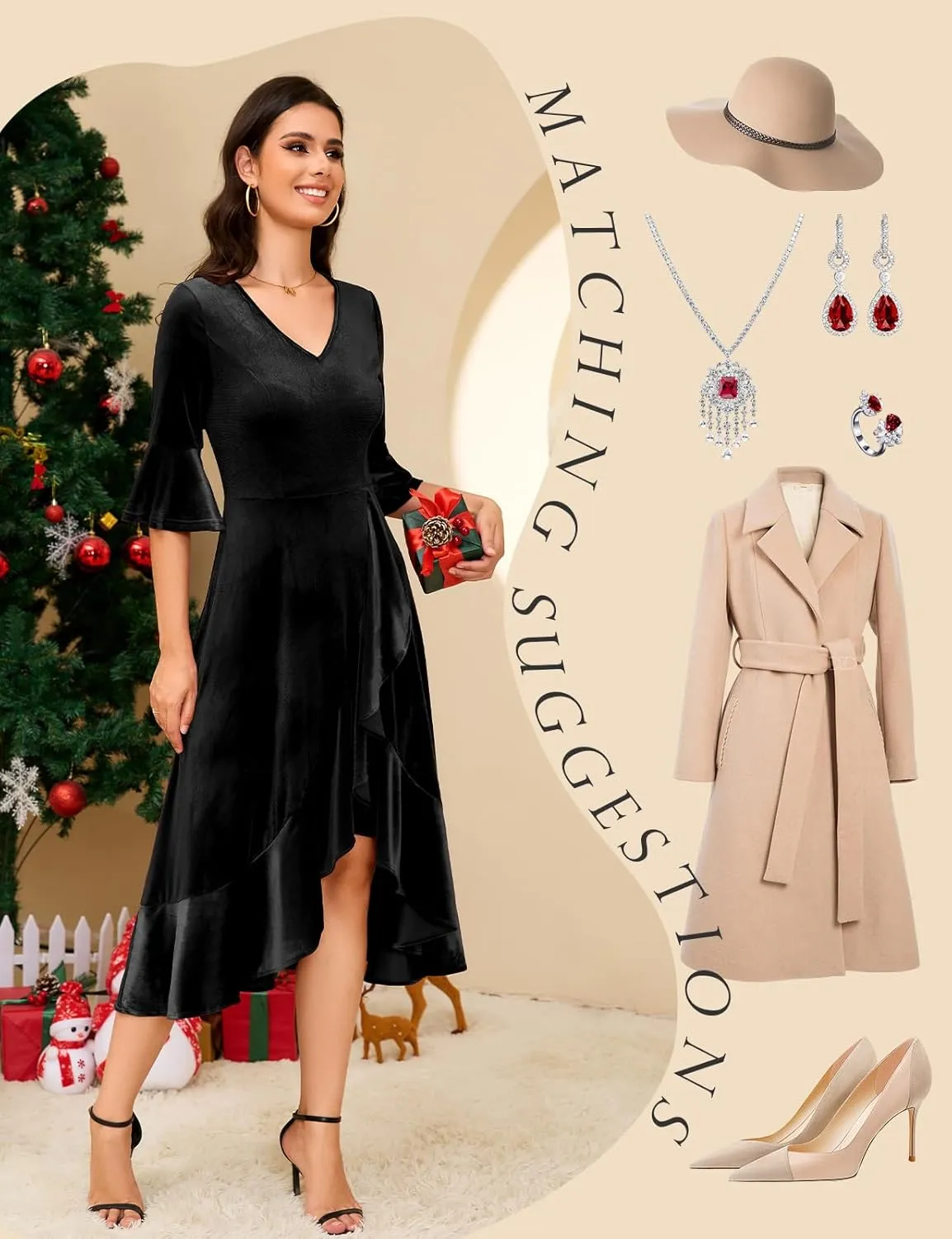 HomRain Women's Velvet Dress V Neck Bell Sleeve Fall Dress for Women Ruffle Split Christmas Party Dress