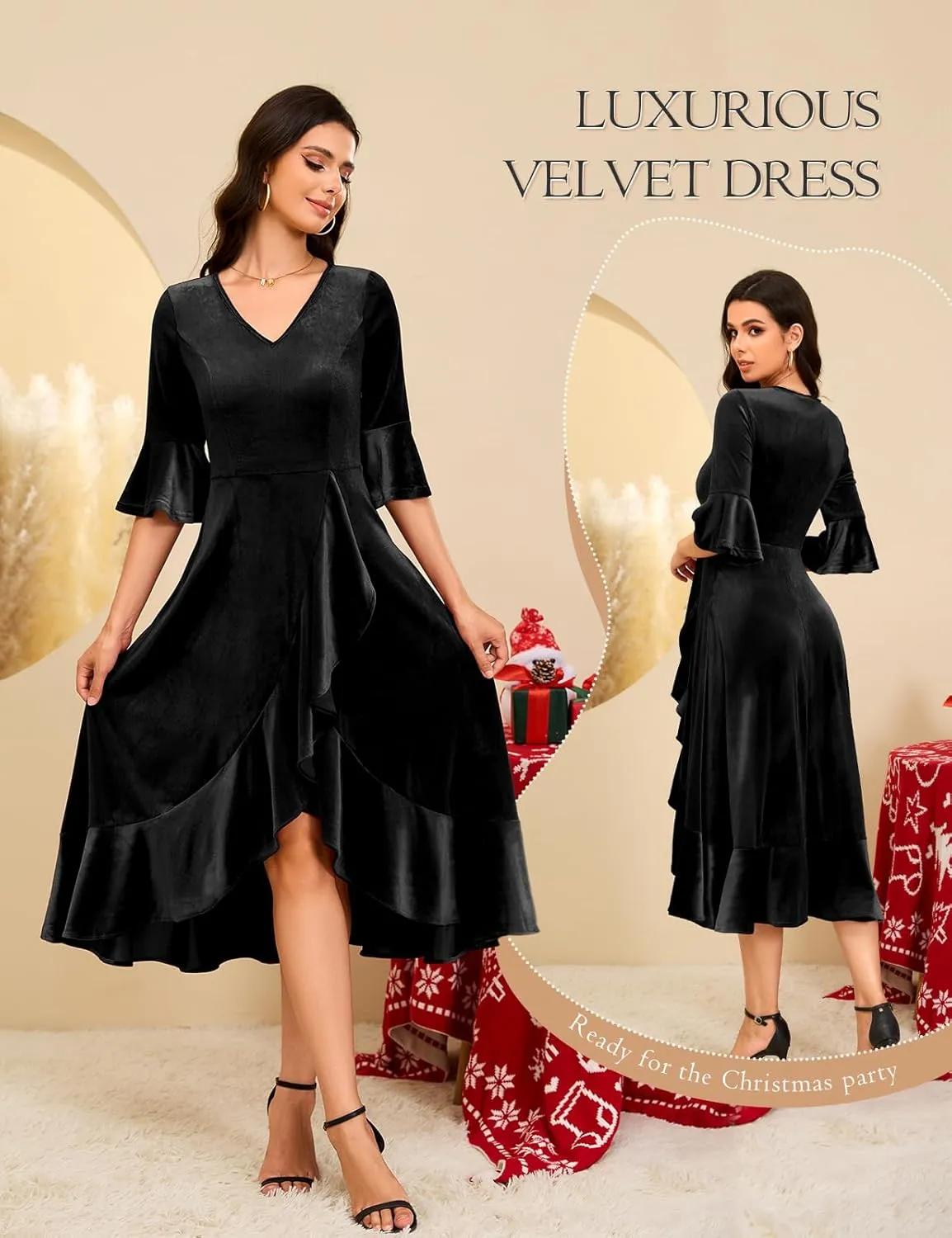 HomRain Women's Velvet Dress V Neck Bell Sleeve Fall Dress for Women Ruffle Split Christmas Party Dress
