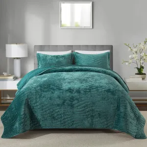 HoneiLife Queen Size Quilt Sets - Velvet Quilt for Queen Beds, Lightweight Bedspreads Solid Coverlets Queen Quilt Bedding Sets 3-Pieces, Blue-Green