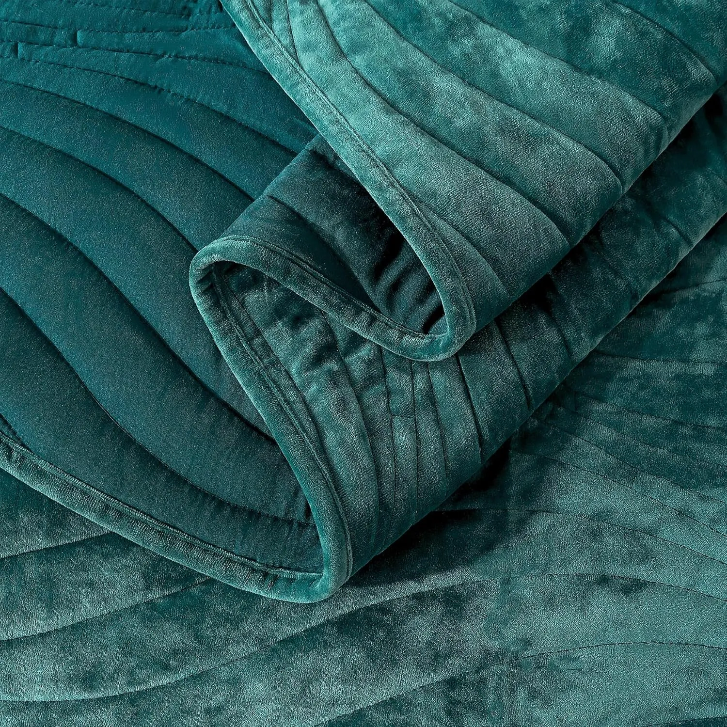 HoneiLife Queen Size Quilt Sets - Velvet Quilt for Queen Beds, Lightweight Bedspreads Solid Coverlets Queen Quilt Bedding Sets 3-Pieces, Blue-Green