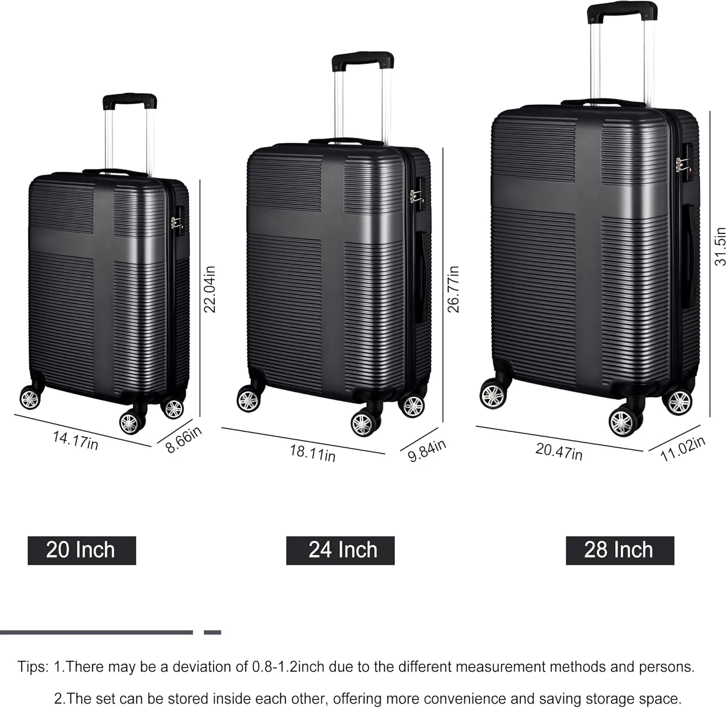 HOUAGI Luggage Sets Hardshell 3pcs Clearance Luggage Hardside Lightweight Suitcase Sets Spinner Wheels TSA Lock 20in/24in/28in