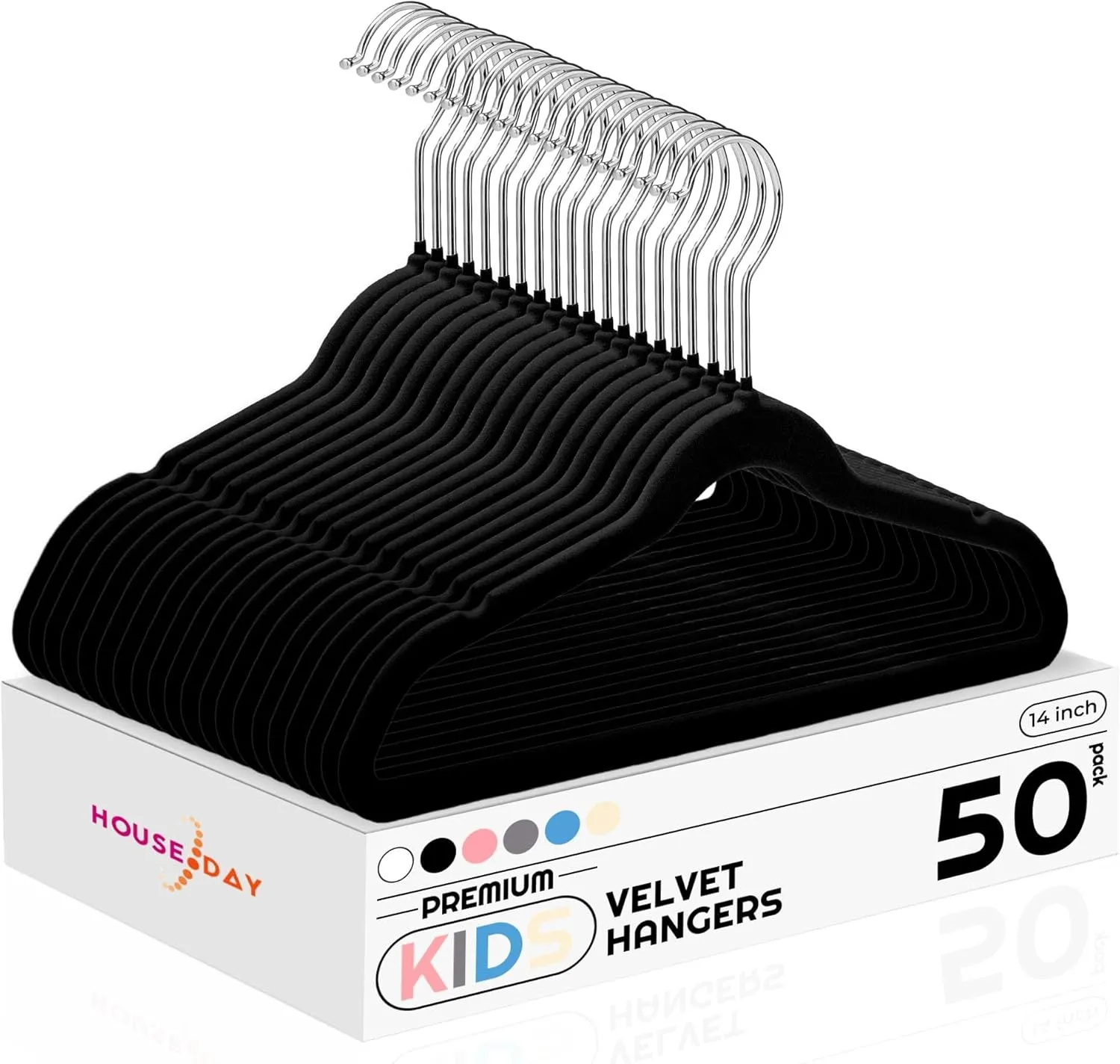 HOUSE DAY 14 Inch Kids Velvet Hangers 50 Pack, Durable Big Kid Hangers for Youth, Teen, Non Slip Kids Felt Hanger, Cute Childrens Hanger for Closet, Black
