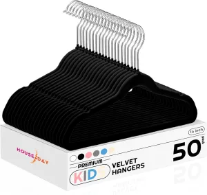 HOUSE DAY 14 Inch Kids Velvet Hangers 50 Pack, Durable Big Kid Hangers for Youth, Teen, Non Slip Kids Felt Hanger, Cute Childrens Hanger for Closet, Black