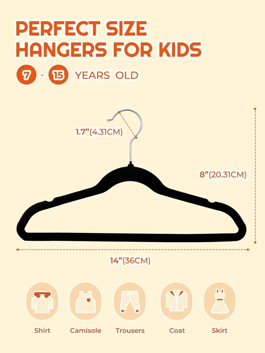 HOUSE DAY 14 Inch Kids Velvet Hangers 50 Pack, Durable Big Kid Hangers for Youth, Teen, Non Slip Kids Felt Hanger, Cute Childrens Hanger for Closet, Black